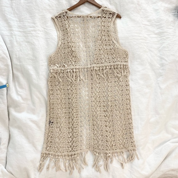 POL Crochet Fringe Duster Vest / Swim Coverup / Festival Boho Macrame - Picture 10 of 11